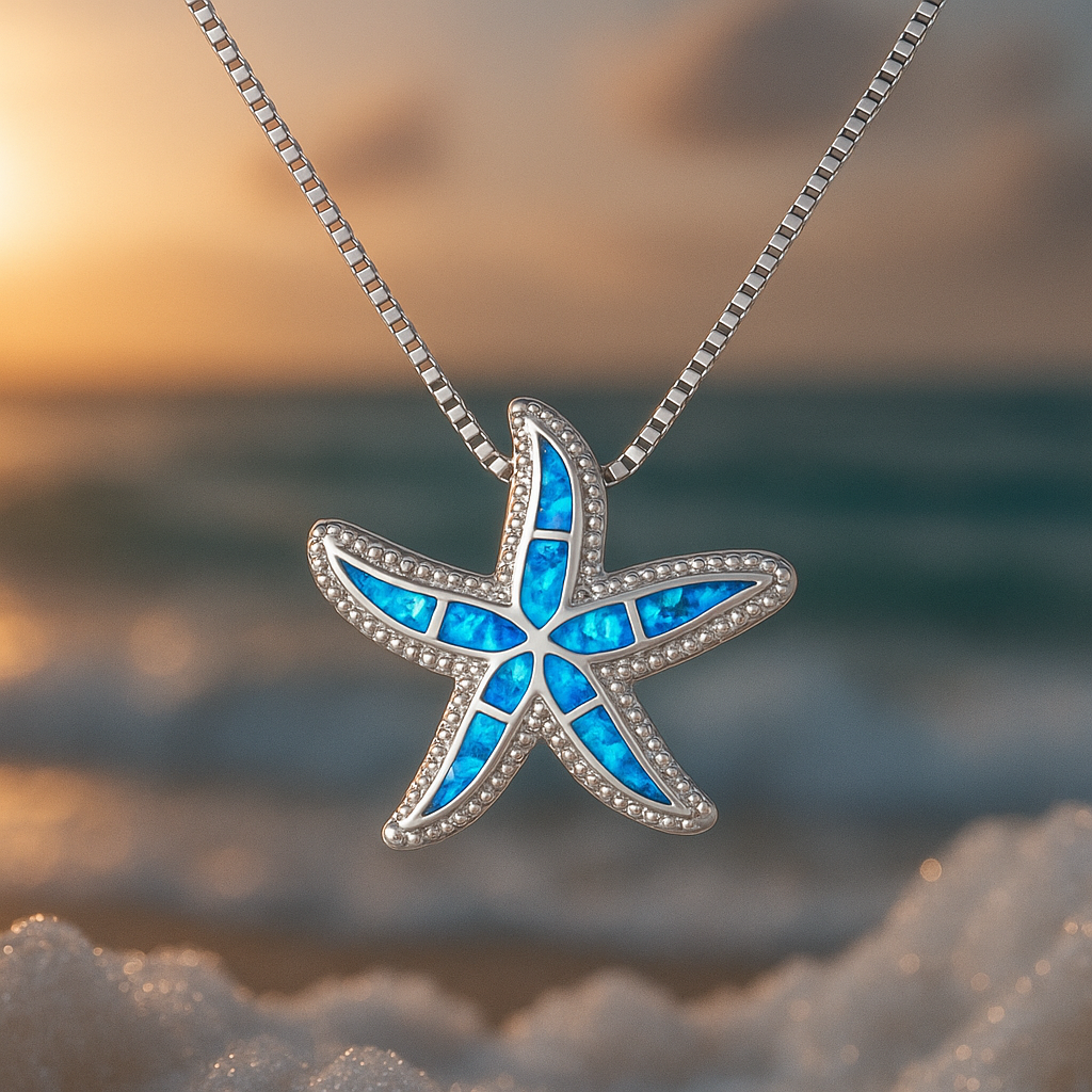 Blue Bright Starfish Opal Silver Necklace
