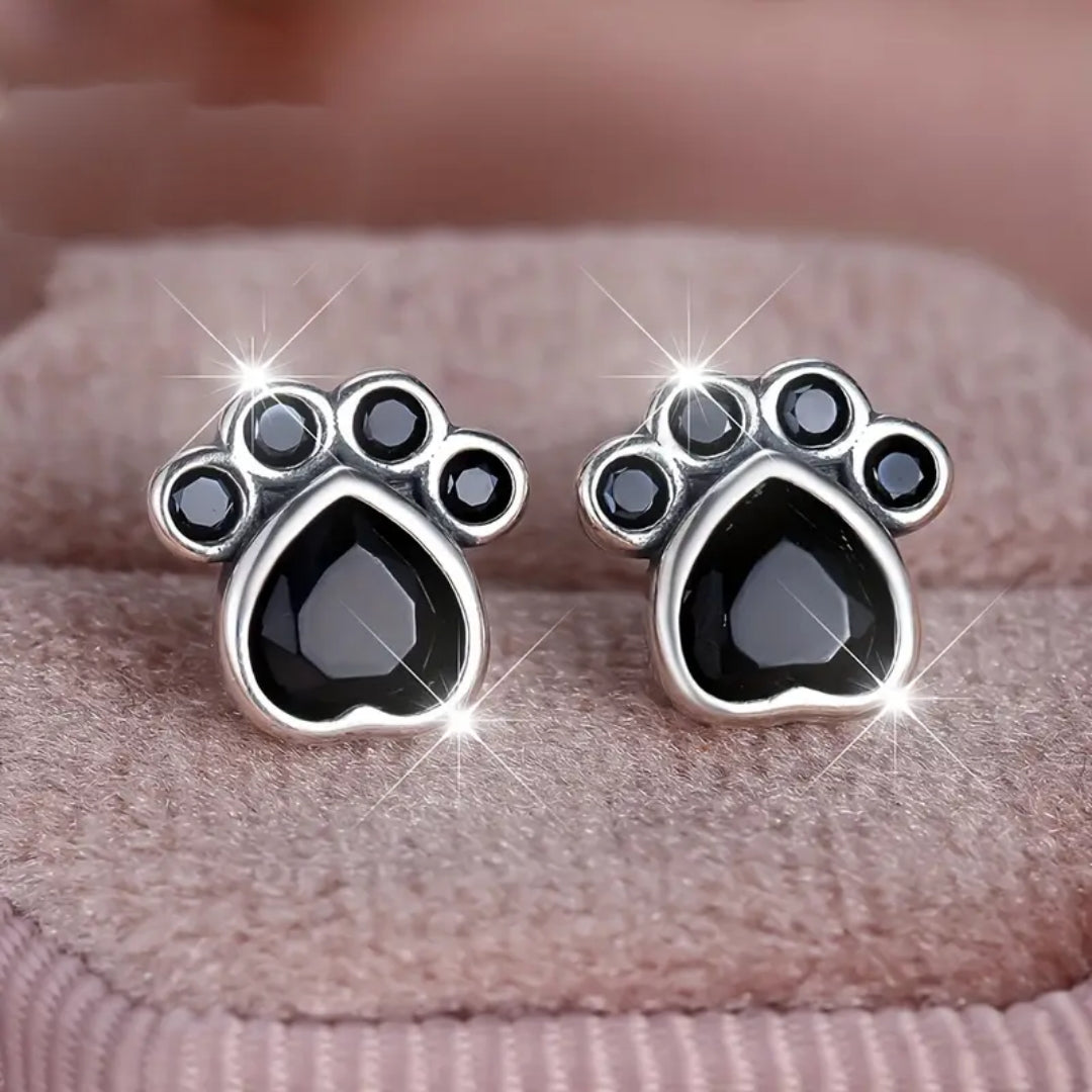 Black Crystal Paw Silver Earrings