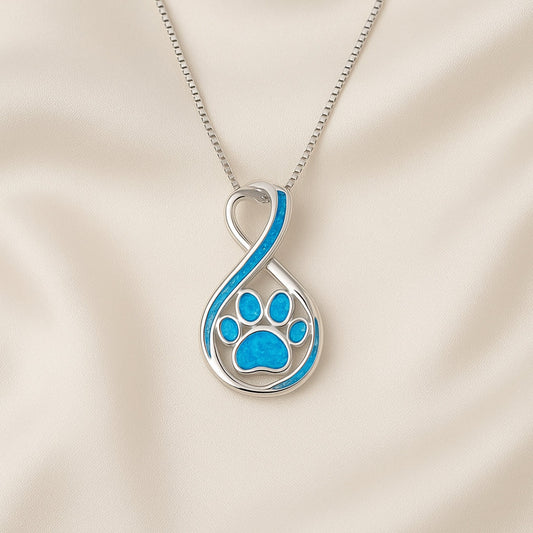 Blue Opal Paw Infinity  Silver Necklace