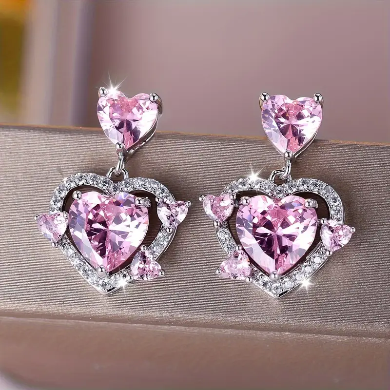 Pink Zirconia Heart Silver Earrings