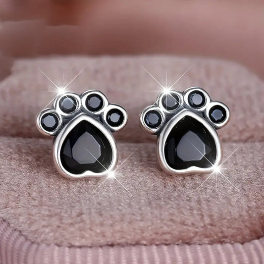 Black Crystal Paw Silver Earrings