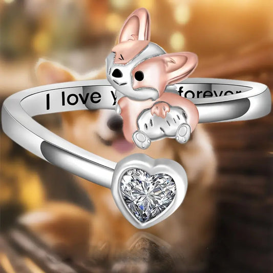 Adjustable Corgi Heart Zirconia Ring